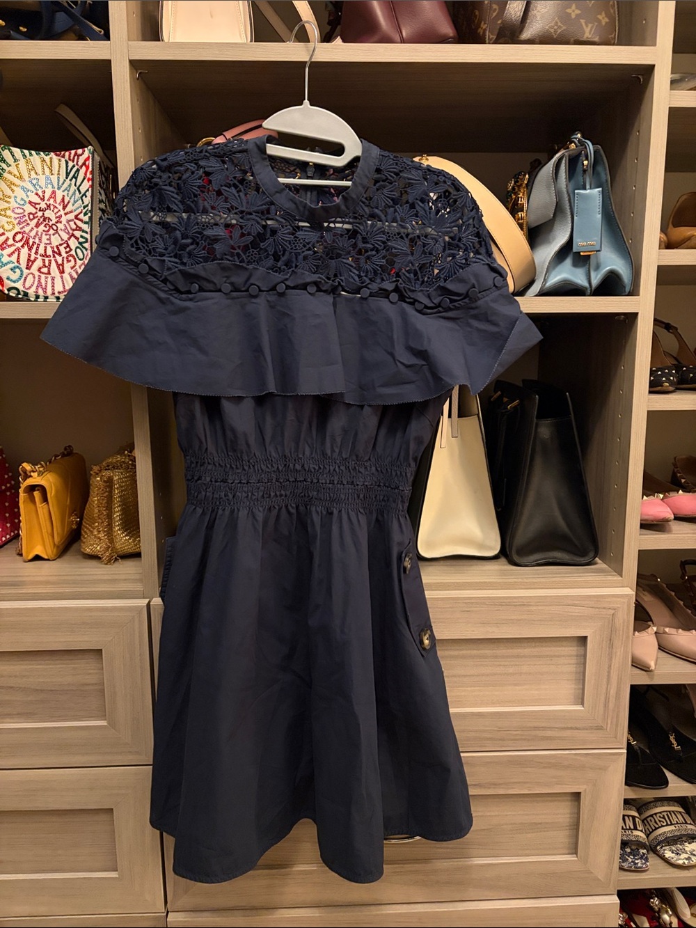 Self-Portrait Navy Blue Cotton Lace Yoke Ruffle Dress